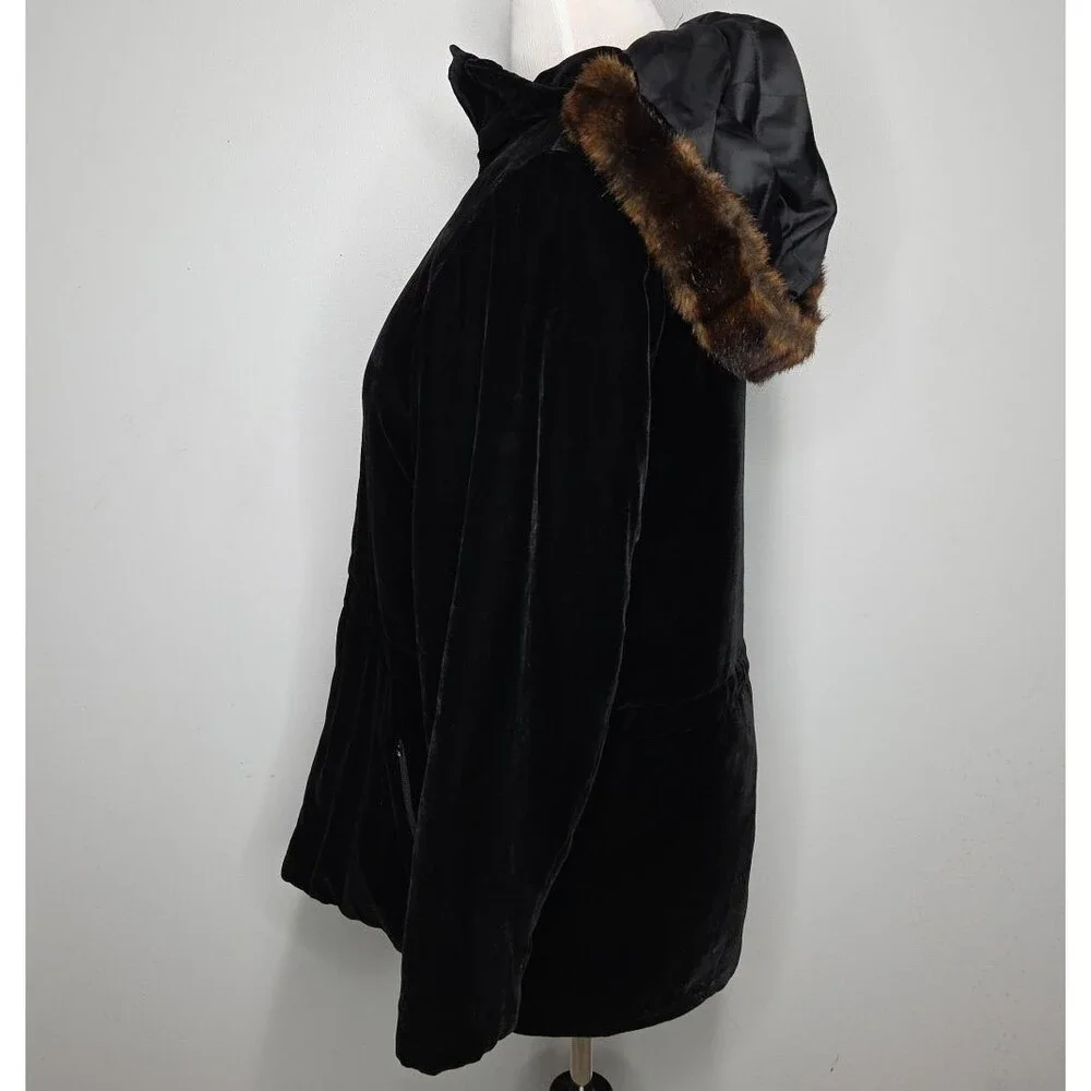 Black Label Lauren by Ralph Lauren Velvet Faux-Fur Hooded Puffer Parka Coat S